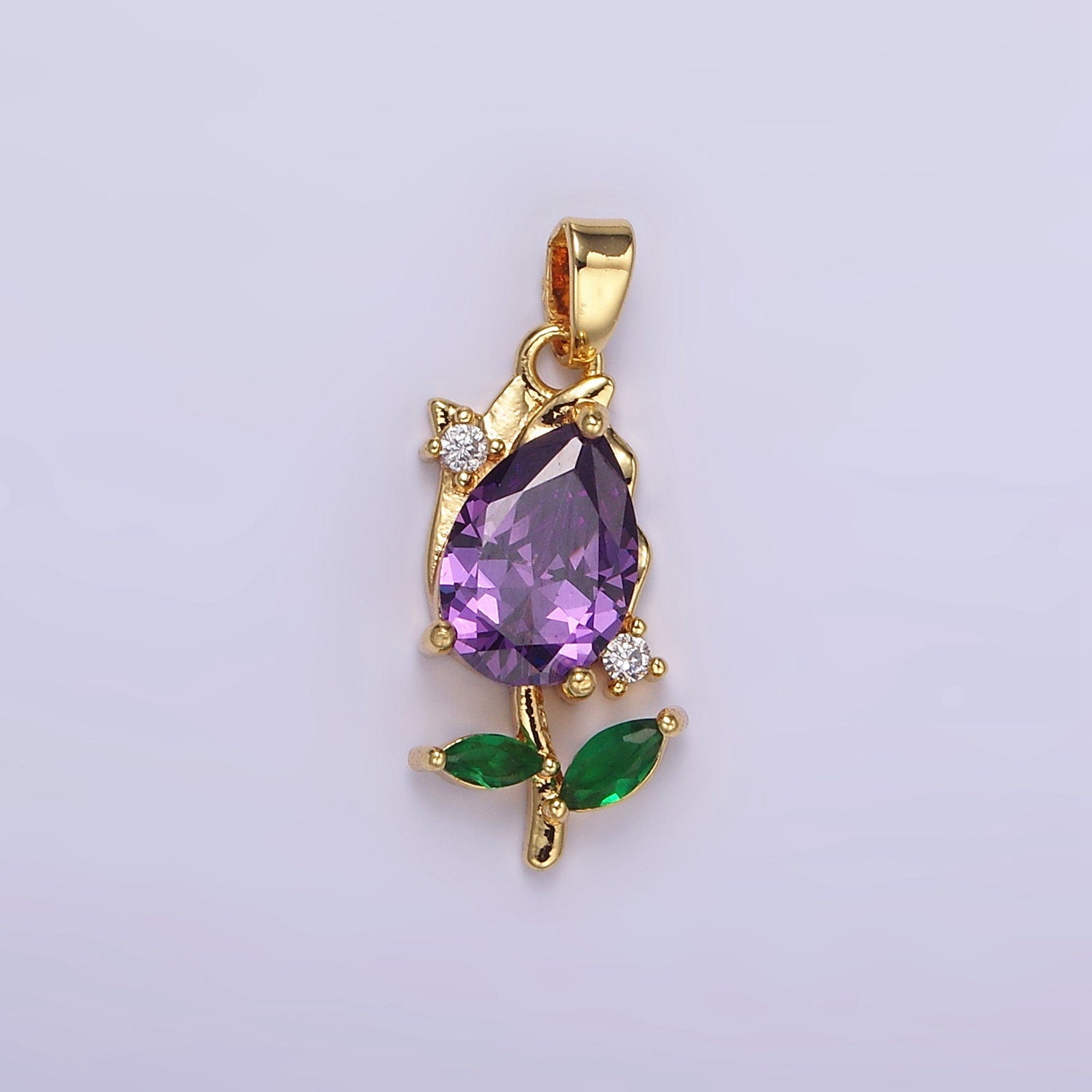 Mini 14K Gold Filled Tulip Charm CZ Purple Tulips Flower Buds Pendant Summer Floral Charm AA061