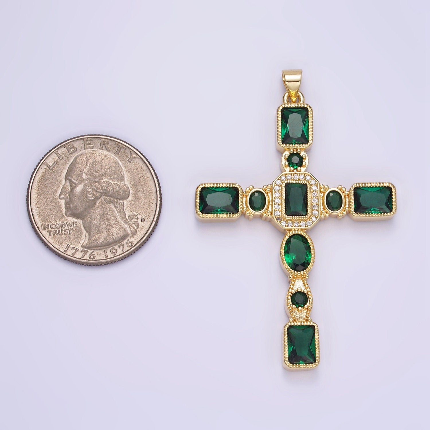 Big 24K Gold Filled Cross Pendant Emerald Green Cubic Zirconia CZ Christian Catholic Jewelry Supply H-380