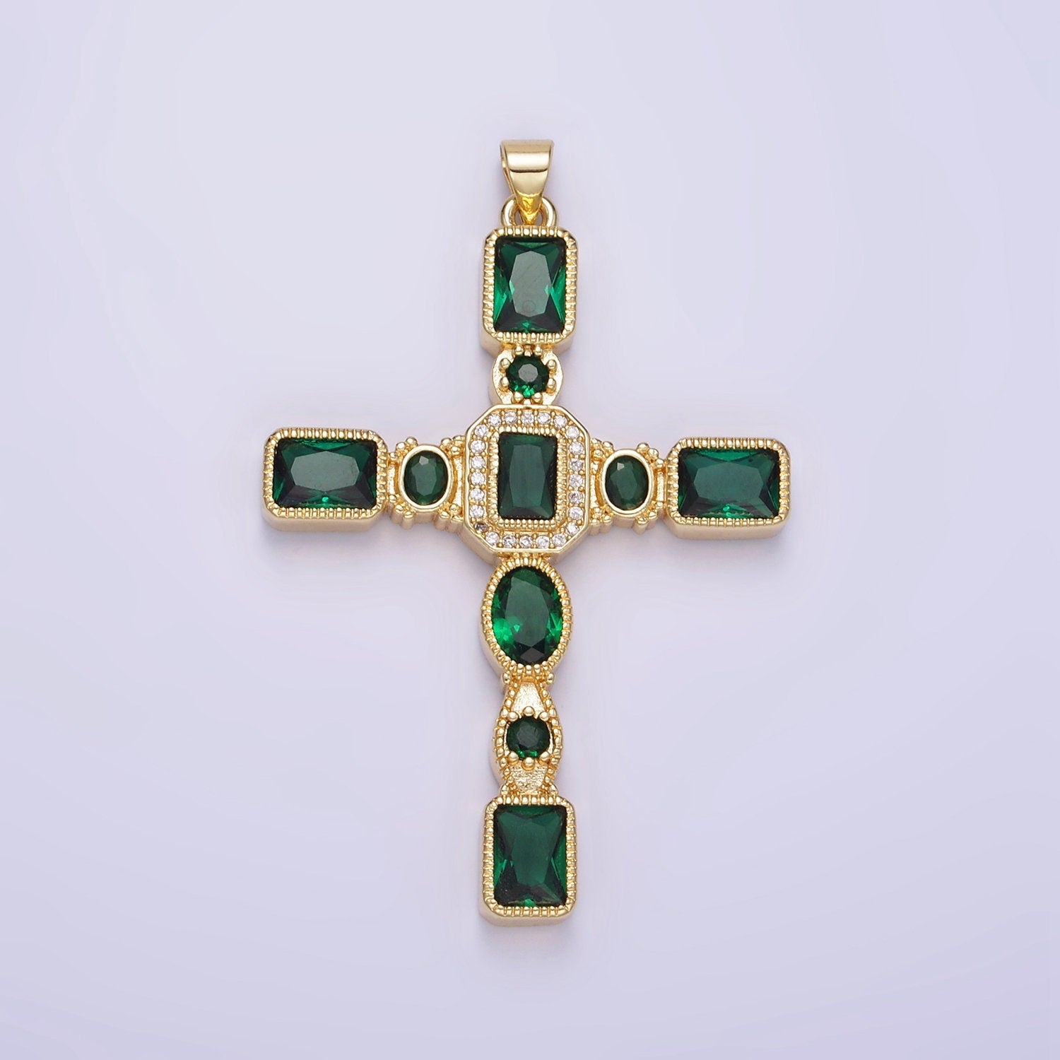 Big 24K Gold Filled Cross Pendant Emerald Green Cubic Zirconia CZ Christian Catholic Jewelry Supply H-380