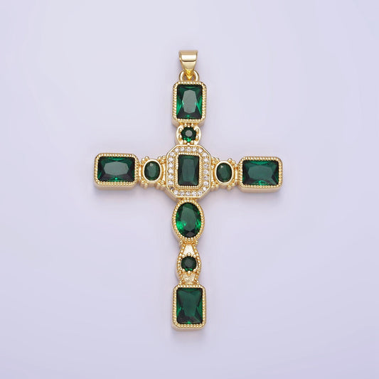 Big 24K Gold Filled Cross Pendant Emerald Green Cubic Zirconia CZ Christian Catholic Jewelry Supply H-380