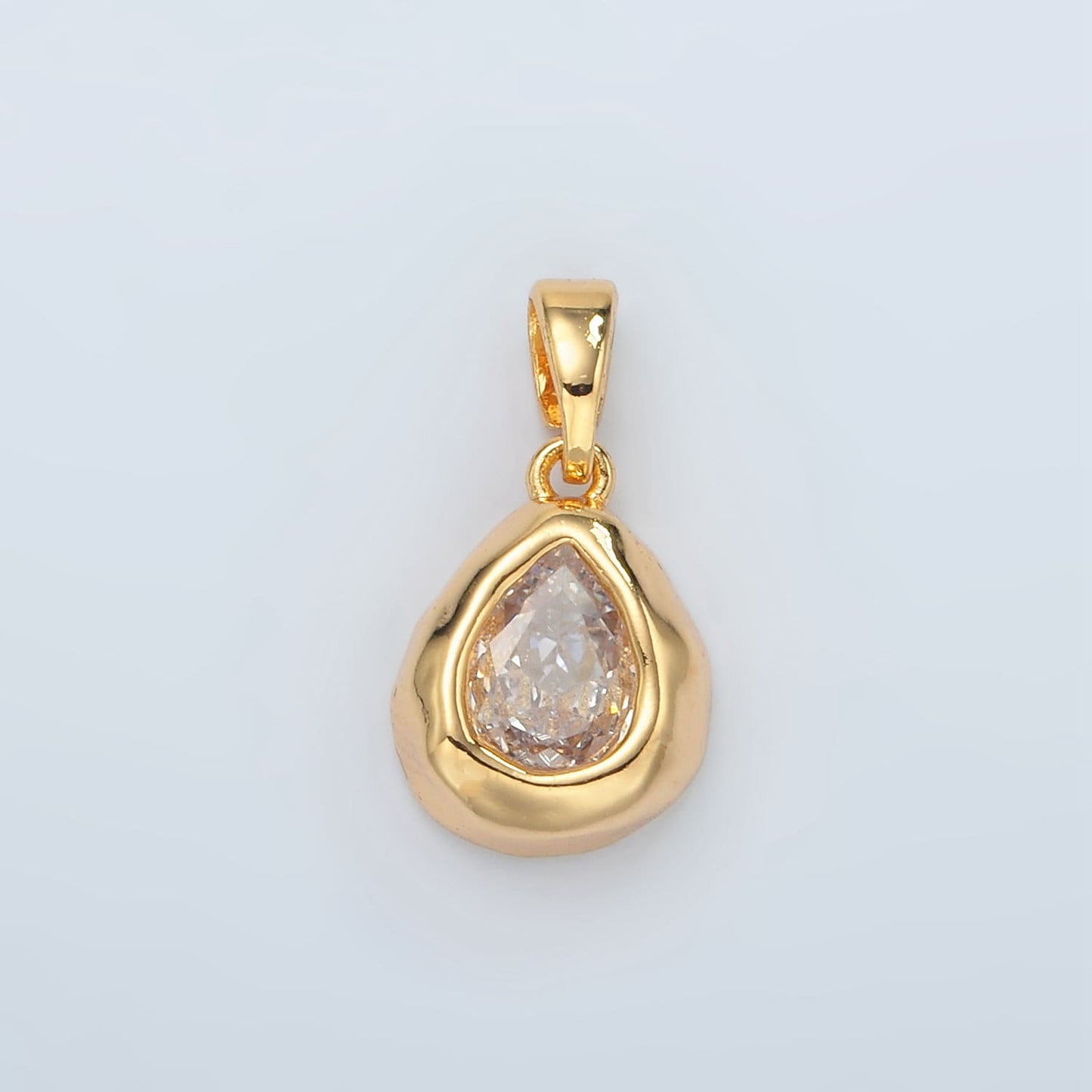 24K Gold Filled Clear CZ Oval Abstract Pendant Geometric Hammered Molten Charm | H515