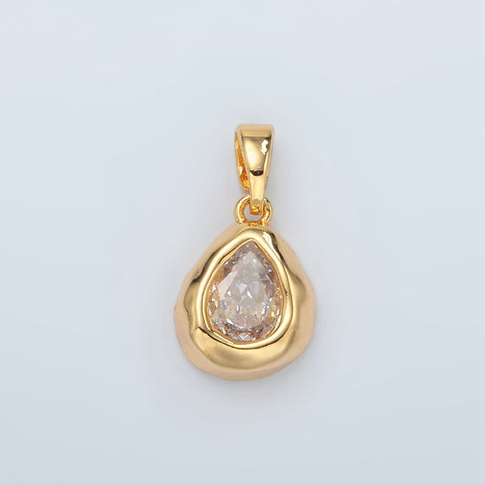 24K Gold Filled Clear CZ Oval Abstract Pendant Geometric Hammered Molten Charm | H515