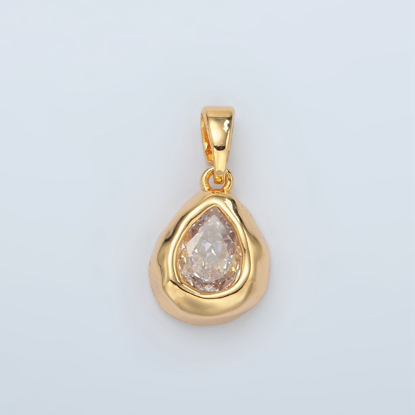 24K Gold Filled Clear CZ Oval Abstract Pendant Geometric Hammered Molten Charm |  H515