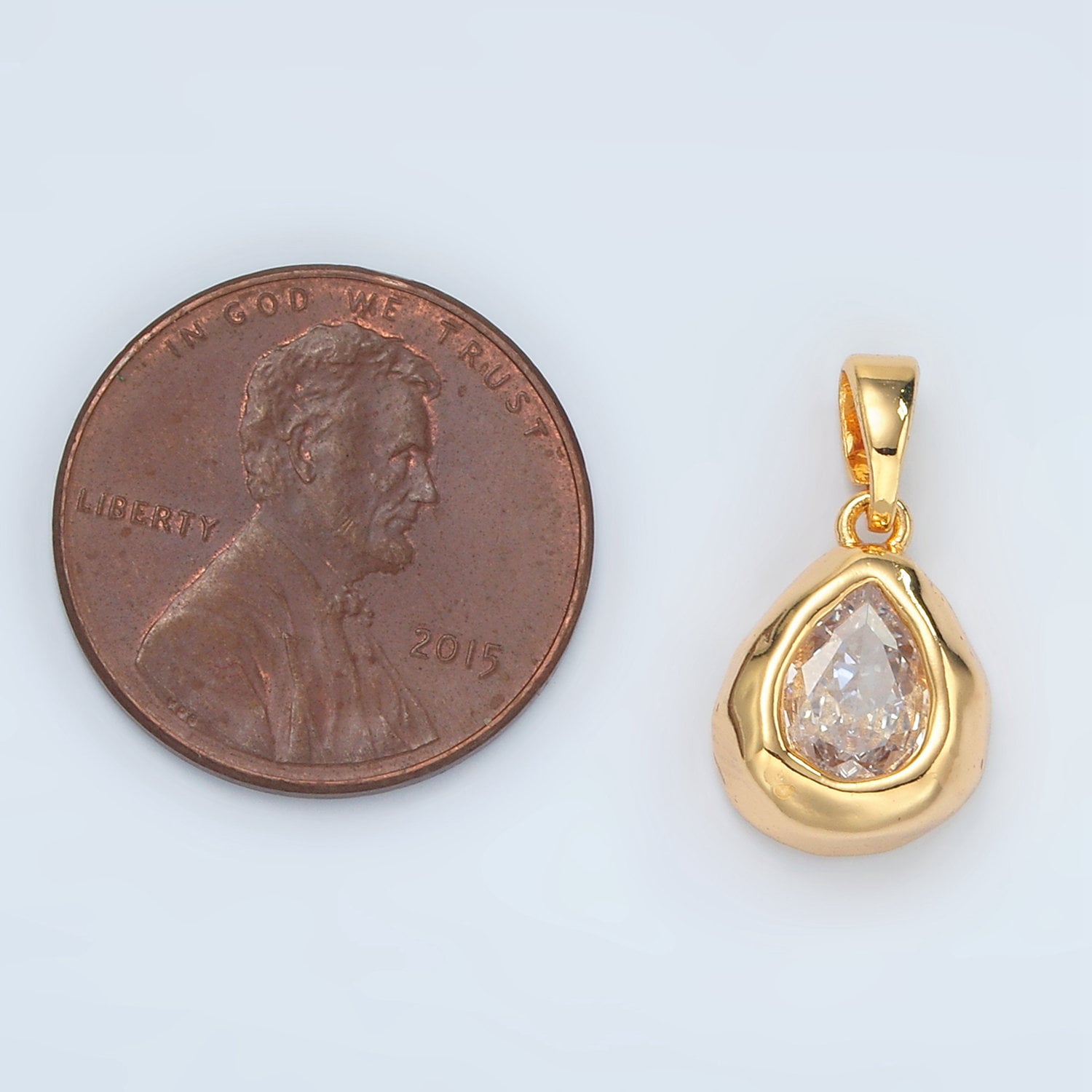 24K Gold Filled Clear CZ Oval Abstract Pendant Geometric Hammered Molten Charm | H515