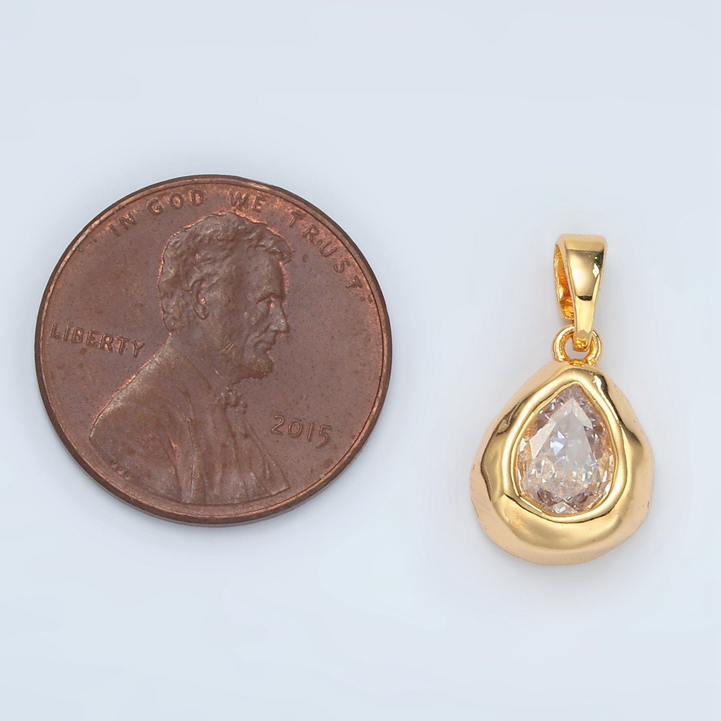 24K Gold Filled Clear CZ Oval Abstract Pendant Geometric Hammered Molten Charm |  H515
