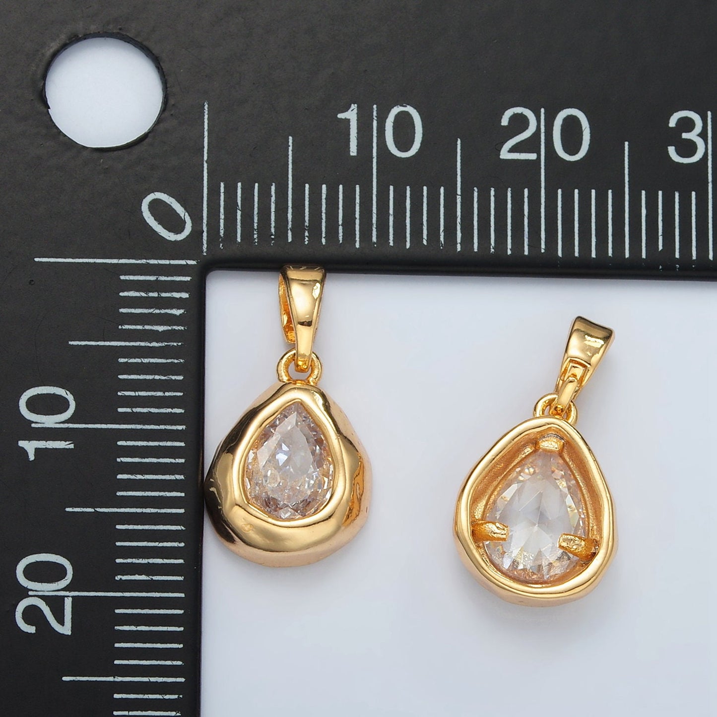 24K Gold Filled Clear CZ Oval Abstract Pendant Geometric Hammered Molten Charm |  H515
