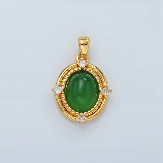 24K Gold Filled Green Jade Oval Medallioin Charm Pendant | H908