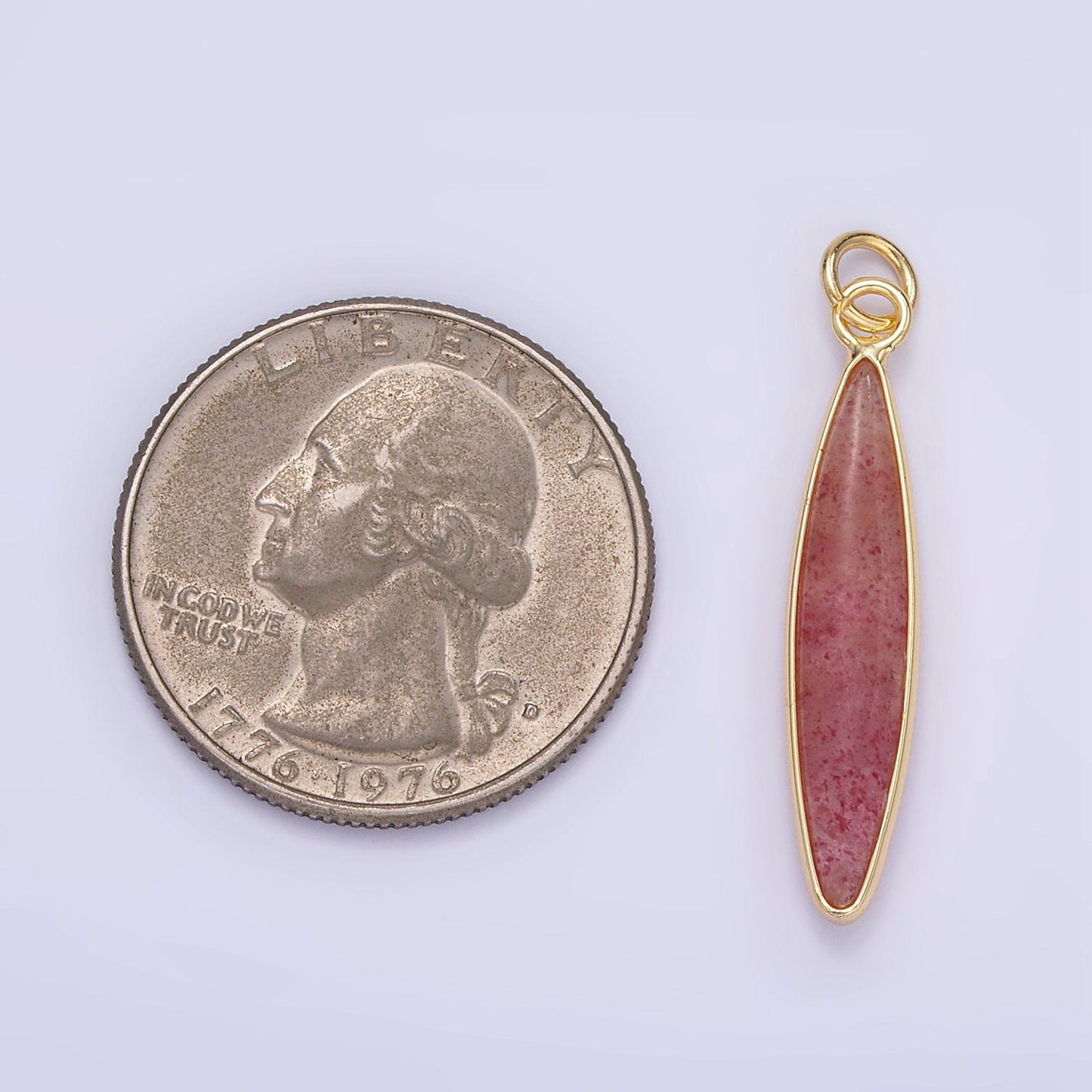 14K Gold Filled Turquoise Strawberry Quartz Gemstone Thin Long Oval Drop Charm Pendant | D560