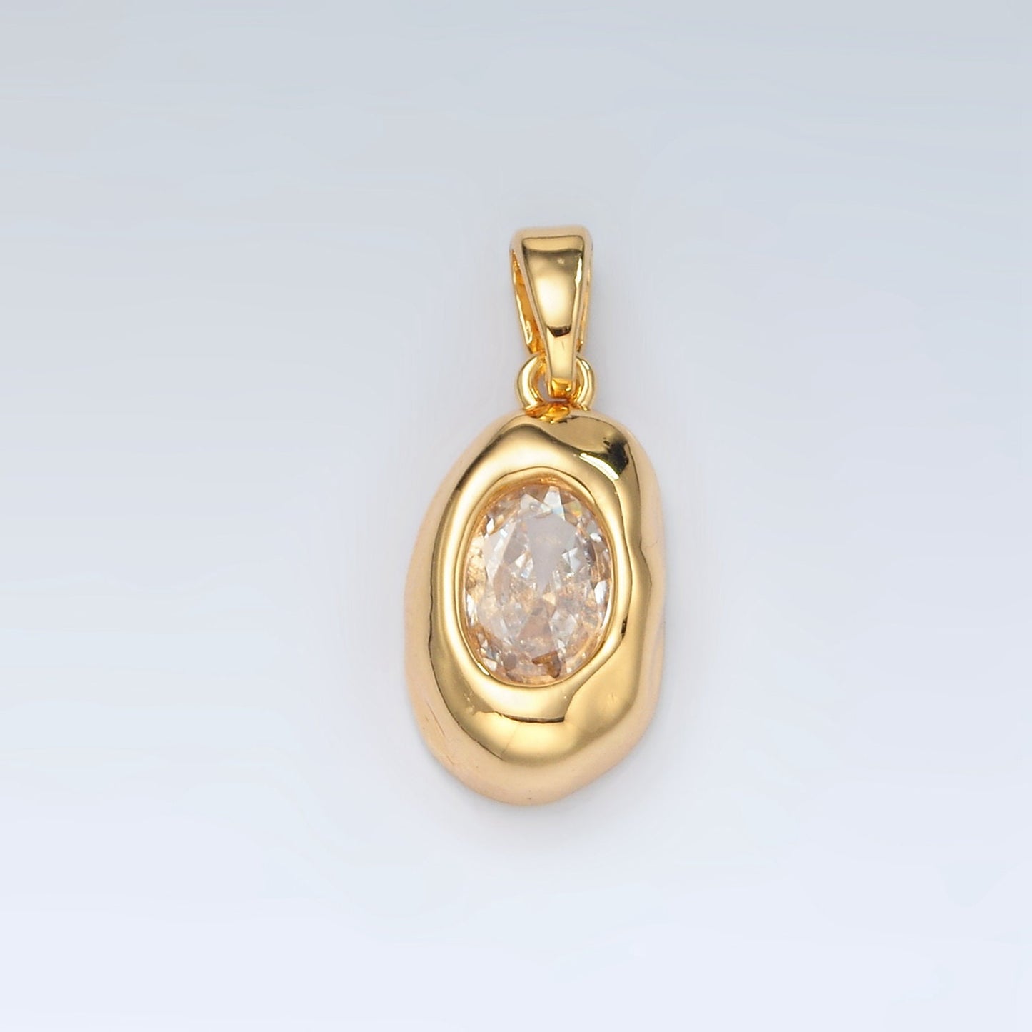 24K Gold Filled Clear CZ Oval Abstract Pendant Geometric Hammered Molten Charm | H792