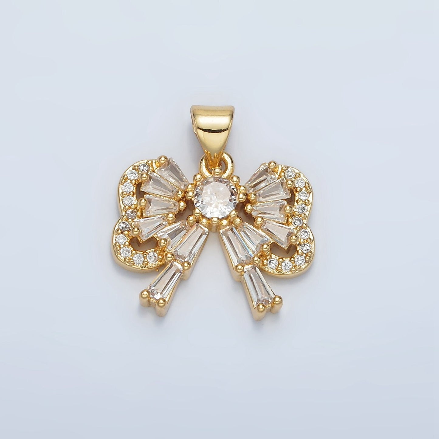 24K Gold Filled Clear CZ Baguette Bow Charm Dainty Ribbon Pendant for Bracelet Necklace Supply | I-274