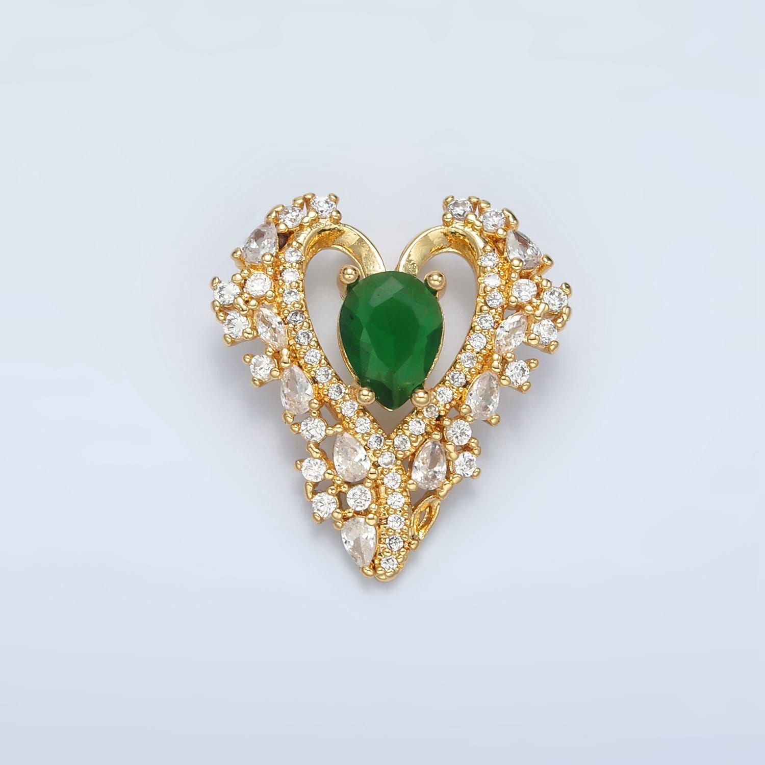 24K Gold Filled Green CZ Stone with Clear Micro Paved Heart Charm Pendant | I267