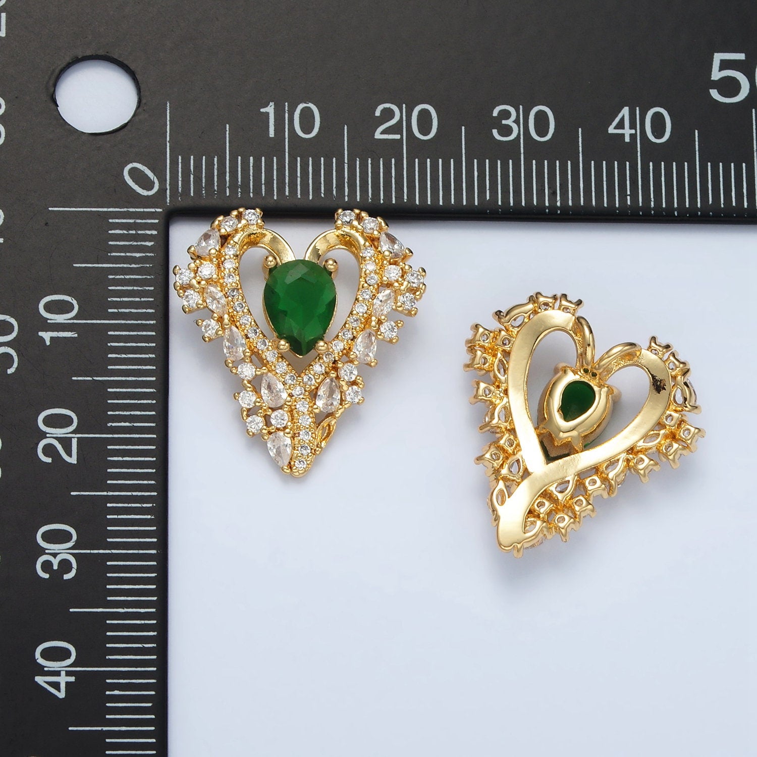 24K Gold Filled Green CZ Stone with Clear Micro Paved Heart Charm Pendant | I267