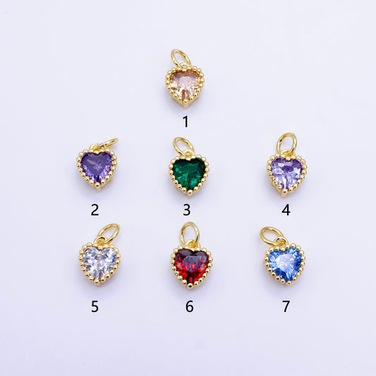 Mini Green Red Purple Blue Clear small heart Charm 14k gold Filled cz Heart zirconia for Bracelet Necklace Earring Component E043