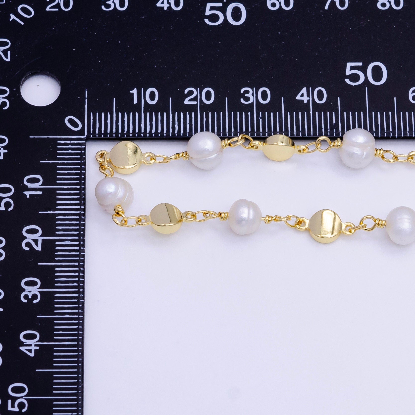 Gold Triple Round Disc White Freshwater Pearl Designed Unfinished Chain For Jewelry Making | ROLL-1411