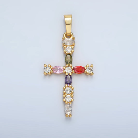 Gold Multicolor CZ 35mm Religious Cross Pendant | I-252
