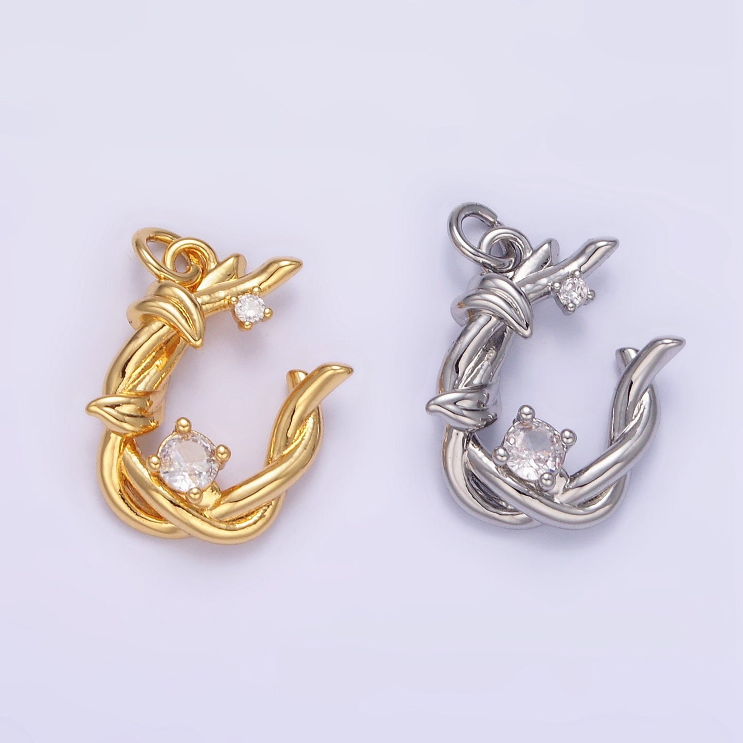 24K Gold Filled CZ U-Shaped Vine Horseshoe Charm in Gold & Silver | AG846