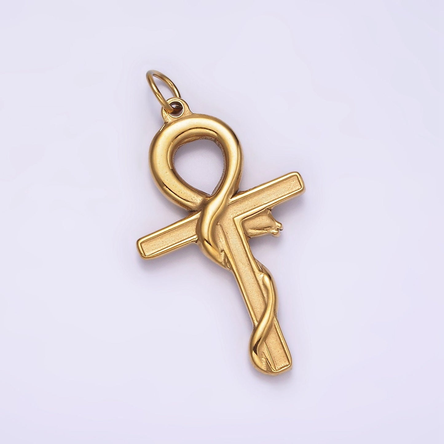 Tarnish Free Gold Stainless Steel Scaled Snake Serpent Ankh Egyptian Religious Cross Pendant | P-1234