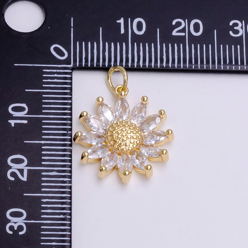 Gold Sunflower Pave CZ Charm, Marquise cut Cubic Dainty Sun Flower Charm petite Charm Floral Jewelry Inspired for Bracelet Necklace Earring