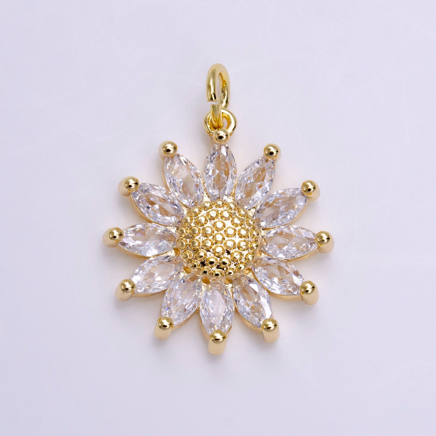 Gold Sunflower Pave CZ Charm, Marquise cut Cubic Dainty Sun Flower Charm petite Charm Floral Jewelry Inspired for Bracelet Necklace Earring