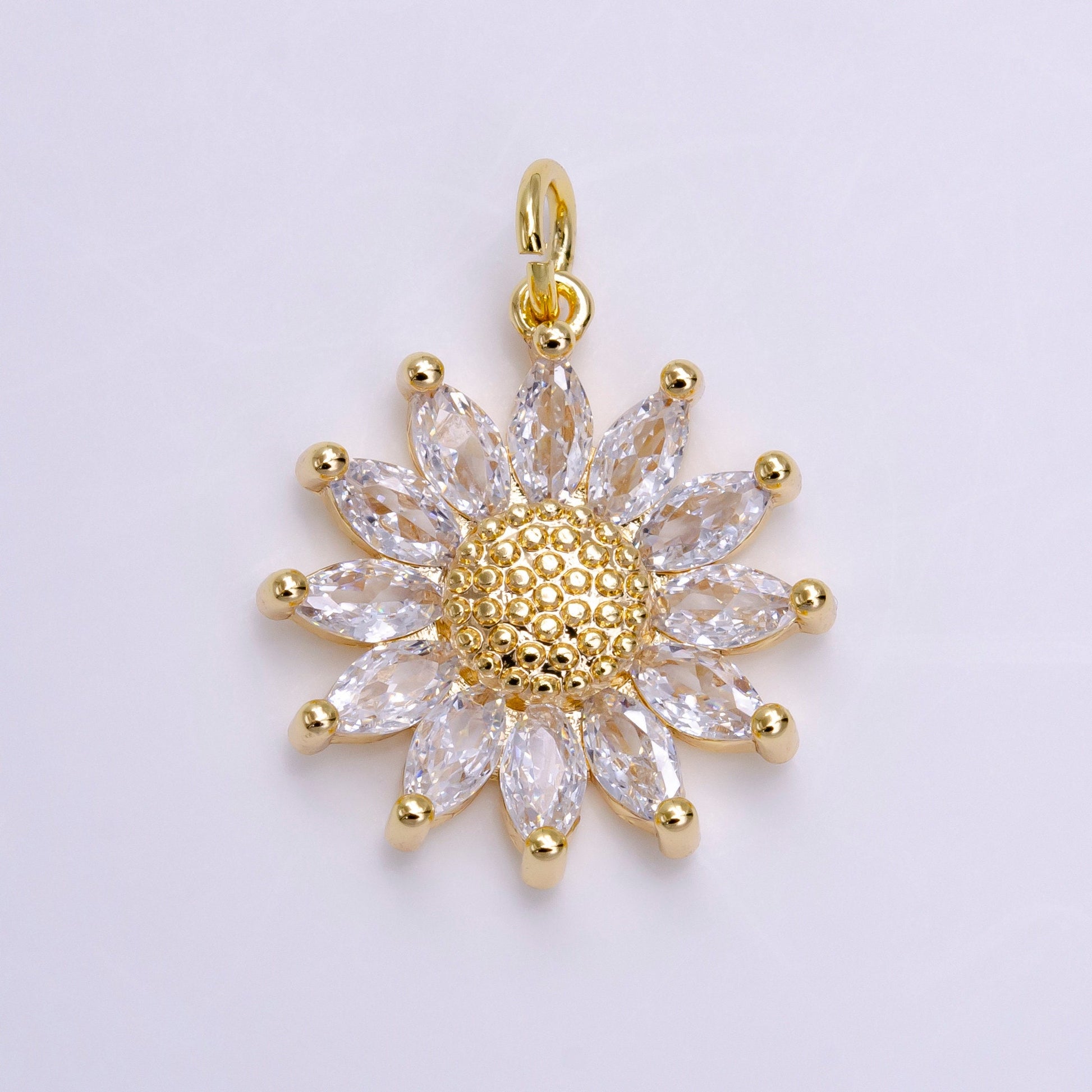 Gold Sunflower Pave CZ Charm, Marquise cut Cubic Dainty Sun Flower Charm petite Charm Floral Jewelry Inspired for Bracelet Necklace Earring