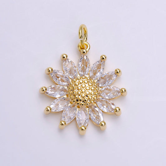 Gold Sunflower Pave CZ Charm, Marquise cut Cubic Dainty Sun Flower Charm petite Charm Floral Jewelry Inspired for Bracelet Necklace Earring