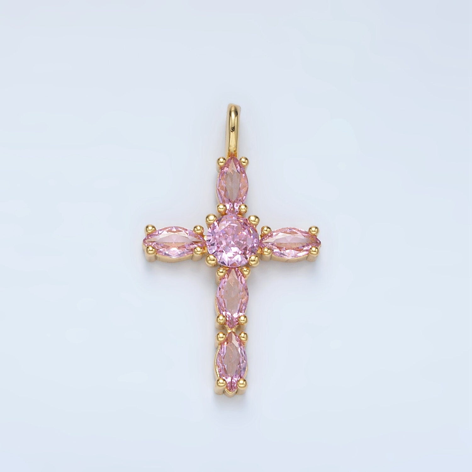 Pink Marquise CZ Cross Pendant Pink Cubic Zirconia Christian Catholic Charm Supply For Religious DIY Jewelry Making AA1367