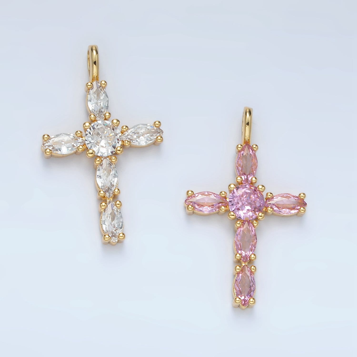 Pink Marquise CZ Cross Pendant Pink Cubic Zirconia Christian Catholic Charm Supply For Religious DIY Jewelry Making AA1367