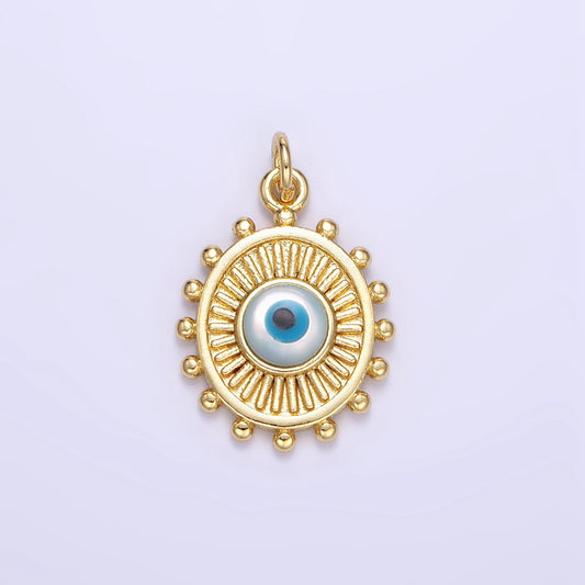 Gold Blue Evil Eye Oval Medallion Pendant 24K Gold Filled Amulet Eye of Ra Coin Charm | E364