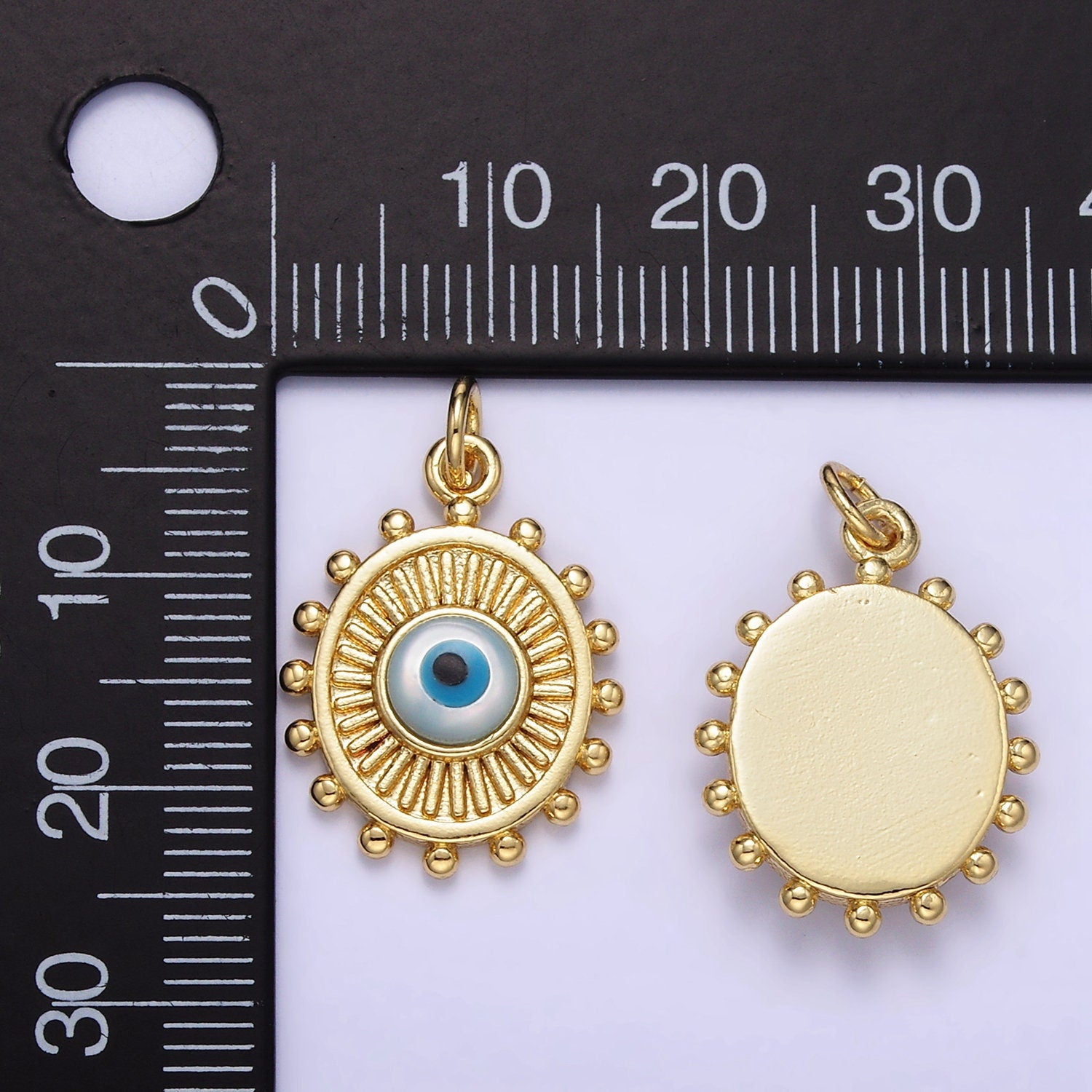 Gold Blue Evil Eye Oval Medallion Pendant 24K Gold Filled Amulet Eye of Ra Coin Charm | E364
