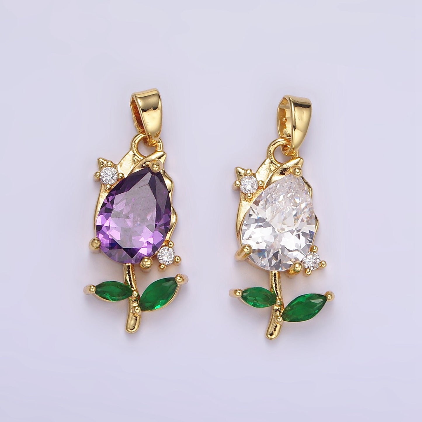 Mini 14K Gold Filled Tulip Charm CZ Purple Tulips Flower Buds Pendant Summer Floral Charm AA061