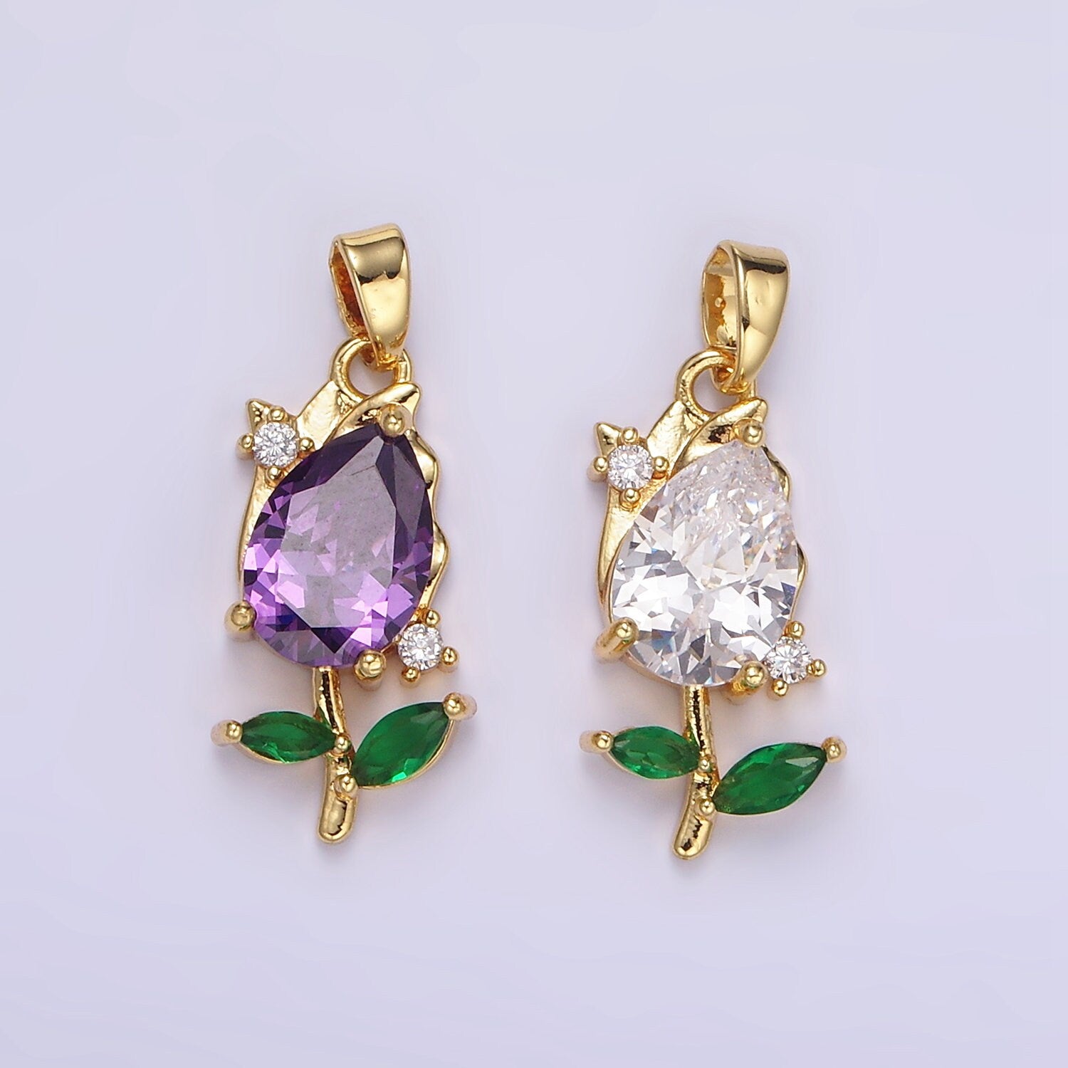 Mini 14K Gold Filled Tulip Charm CZ Purple Tulips Flower Buds Pendant Summer Floral Charm AA061