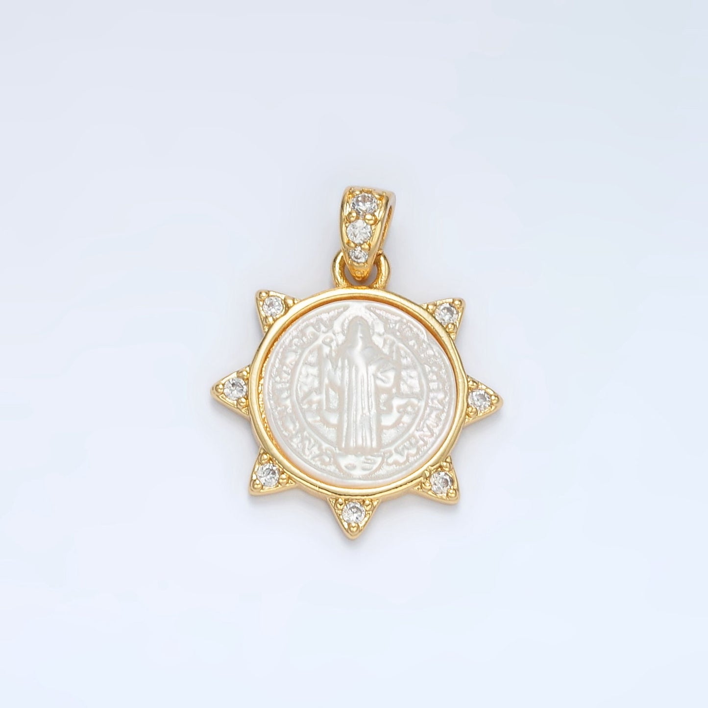 Gold Filled, Shell Pearl Saint Benedict Sun w/ CZ Charm | AA-1373