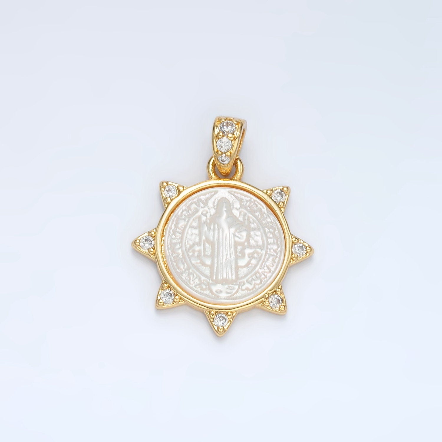 Gold Filled, Shell Pearl Saint Benedict Sun w/ CZ Charm | AA-1373