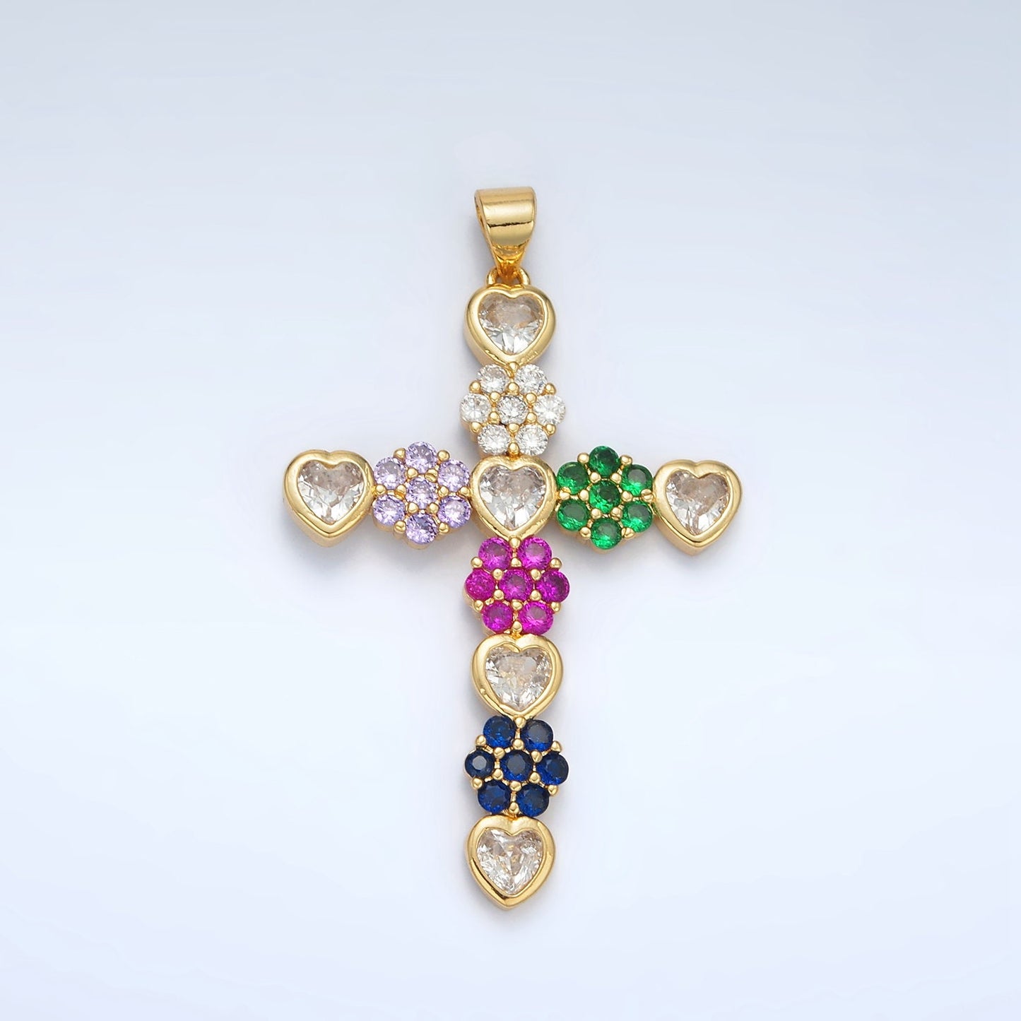 24K Gold Filled Colorful Micro Paved Circular CZ w/ Clear Heartl CZ Center Religious Cross Pendant | AH-188