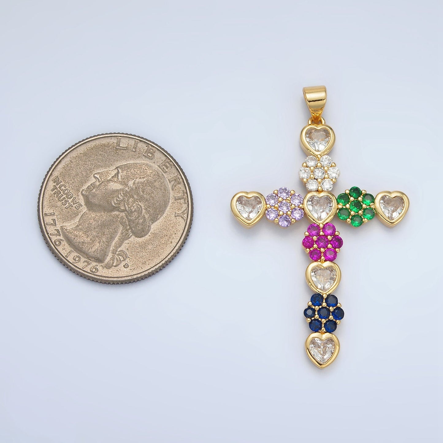 24K Gold Filled Colorful Micro Paved Circular CZ w/ Clear Heartl CZ Center Religious Cross Pendant | AH-188