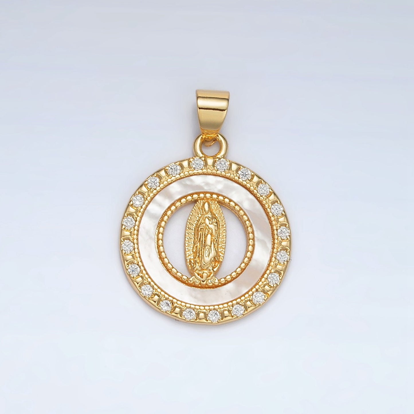 24K Gold Filled Guadalupe Open Round CZ Paved Pendant | AH-186