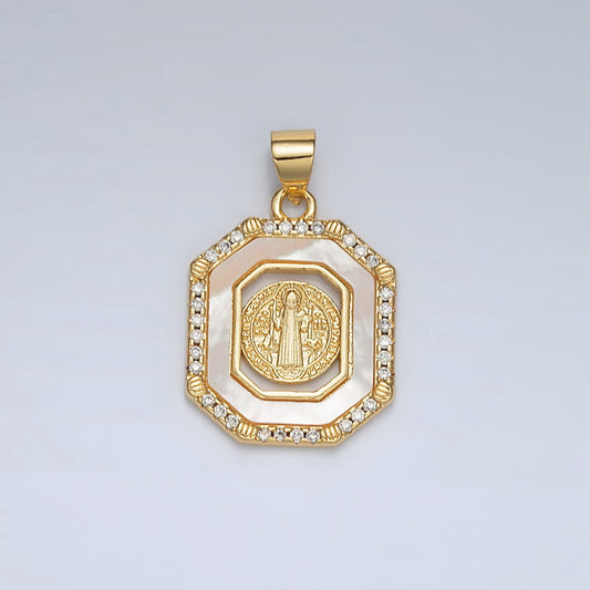 24K Gold Filled Saint Benedict Open Hexagonal CZ Paved Pendant | AH-185