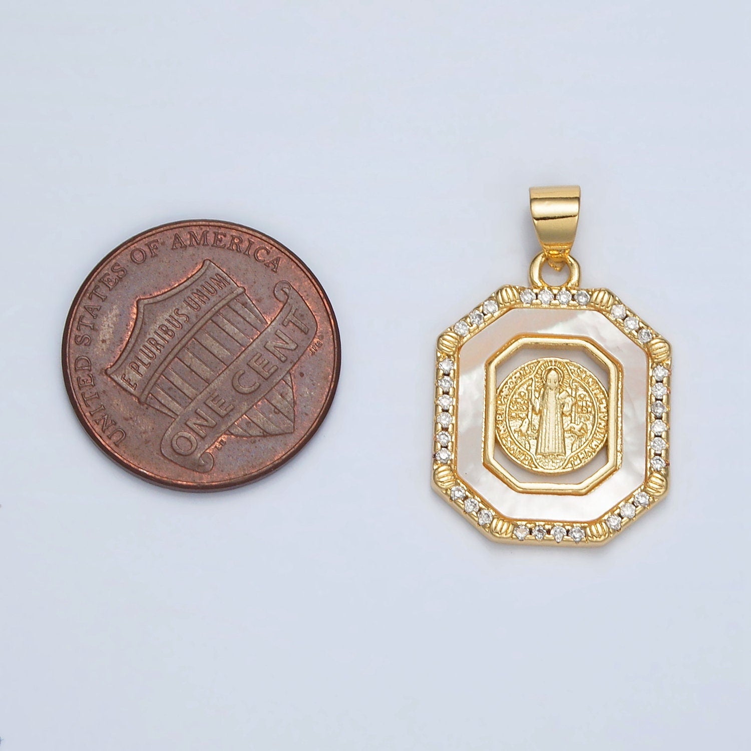 24K Gold Filled Saint Benedict Open Hexagonal CZ Paved Pendant | AH-185