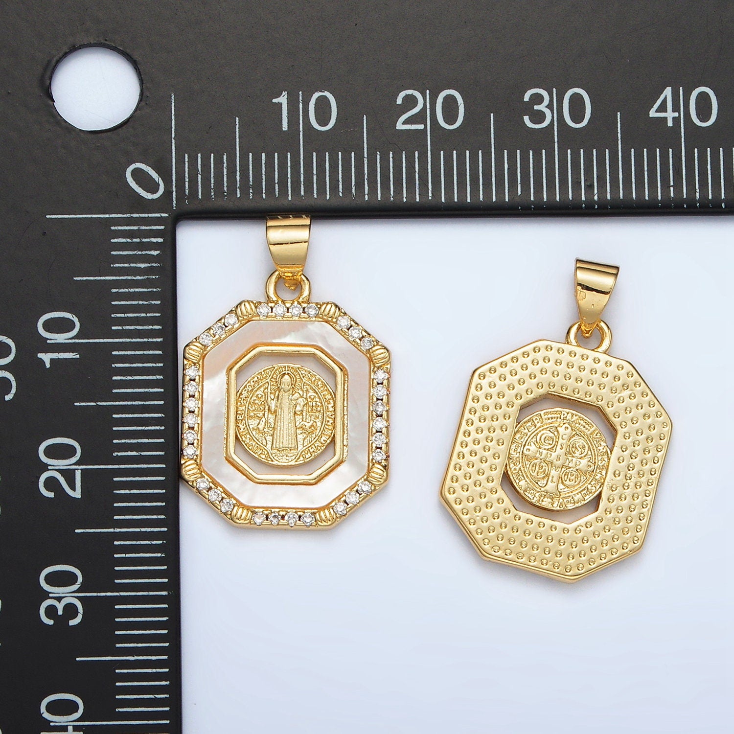 24K Gold Filled Saint Benedict Open Hexagonal CZ Paved Pendant | AH-185