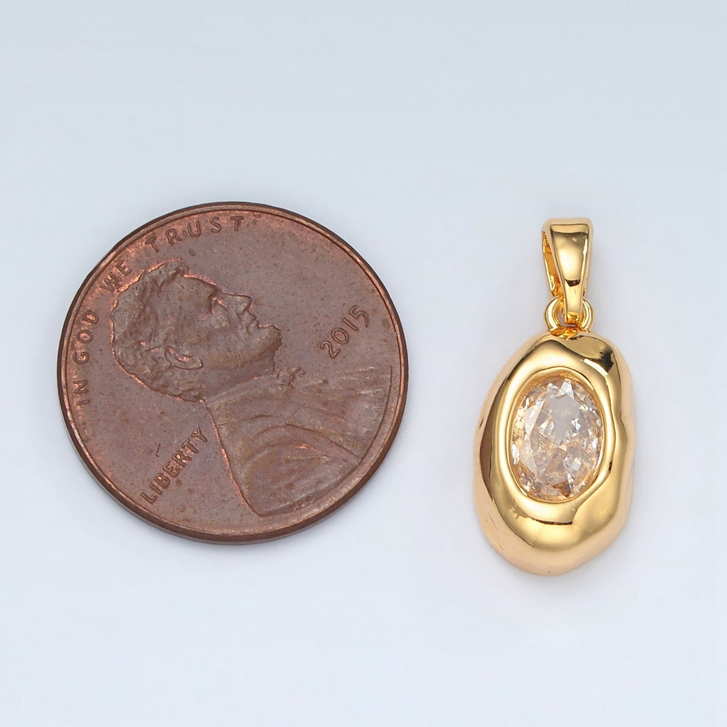 24K Gold Filled Clear CZ Oval Abstract Pendant Geometric Hammered Molten Charm | H792