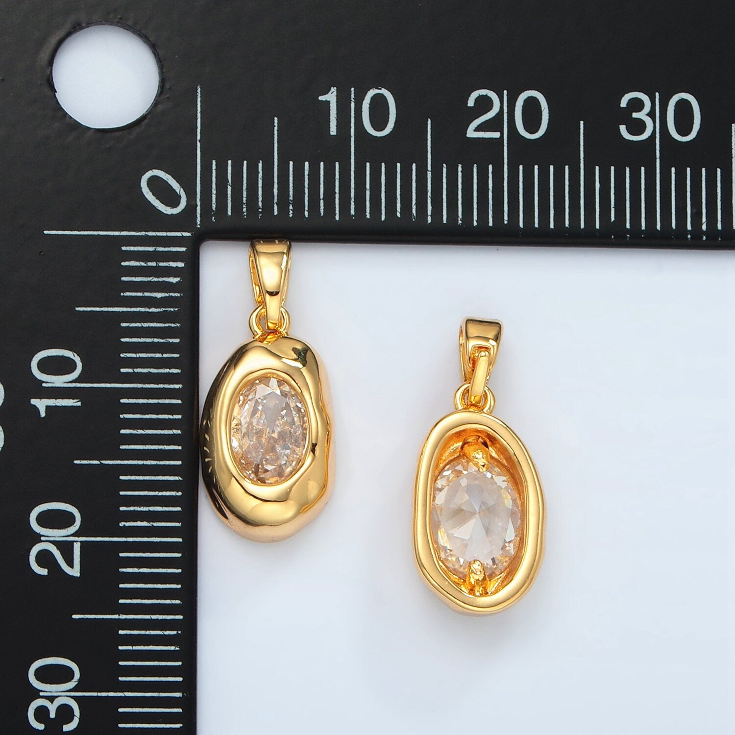24K Gold Filled Clear CZ Oval Abstract Pendant Geometric Hammered Molten Charm | H792