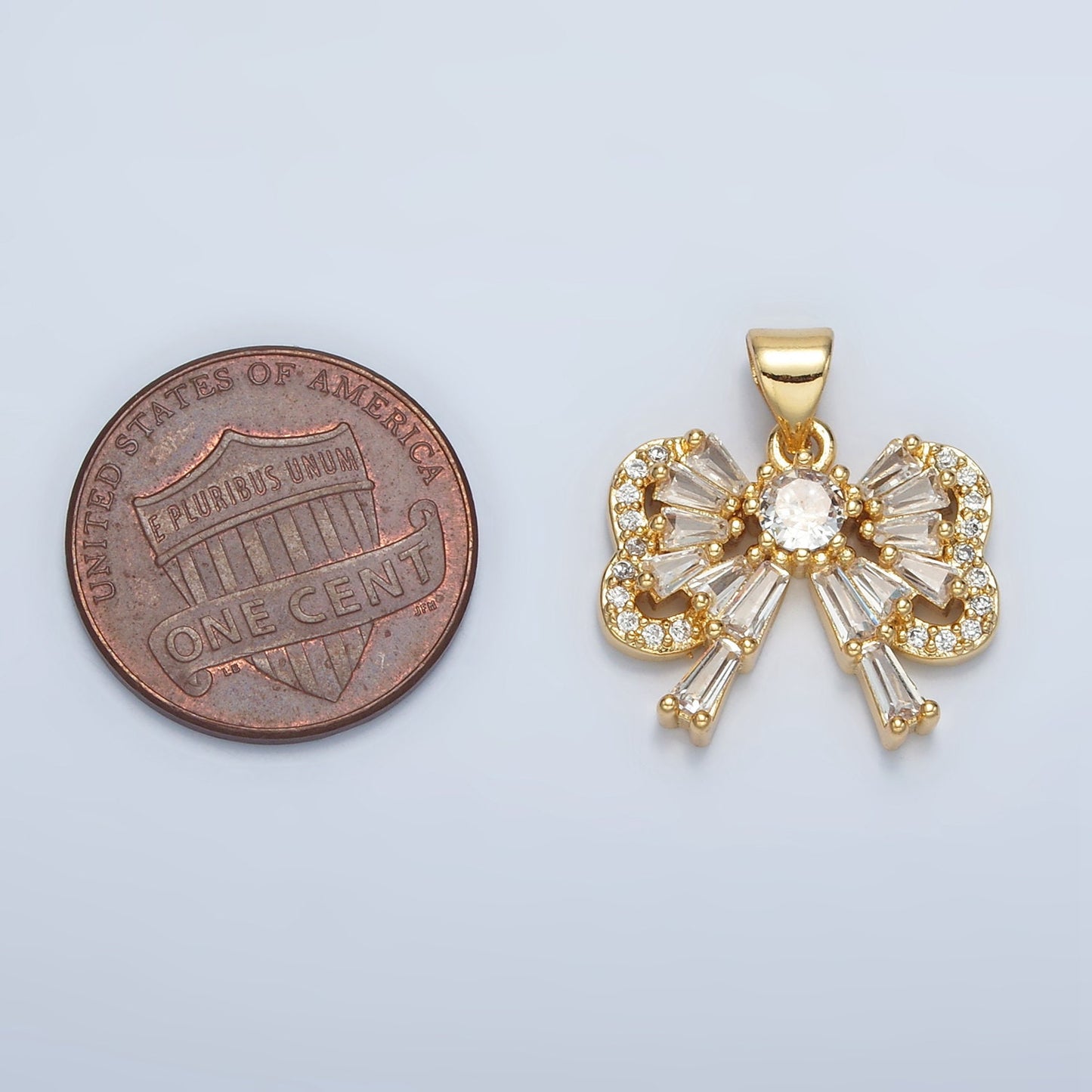 24K Gold Filled Clear CZ Baguette Bow Charm Dainty Ribbon Pendant for Bracelet Necklace Supply | I-274