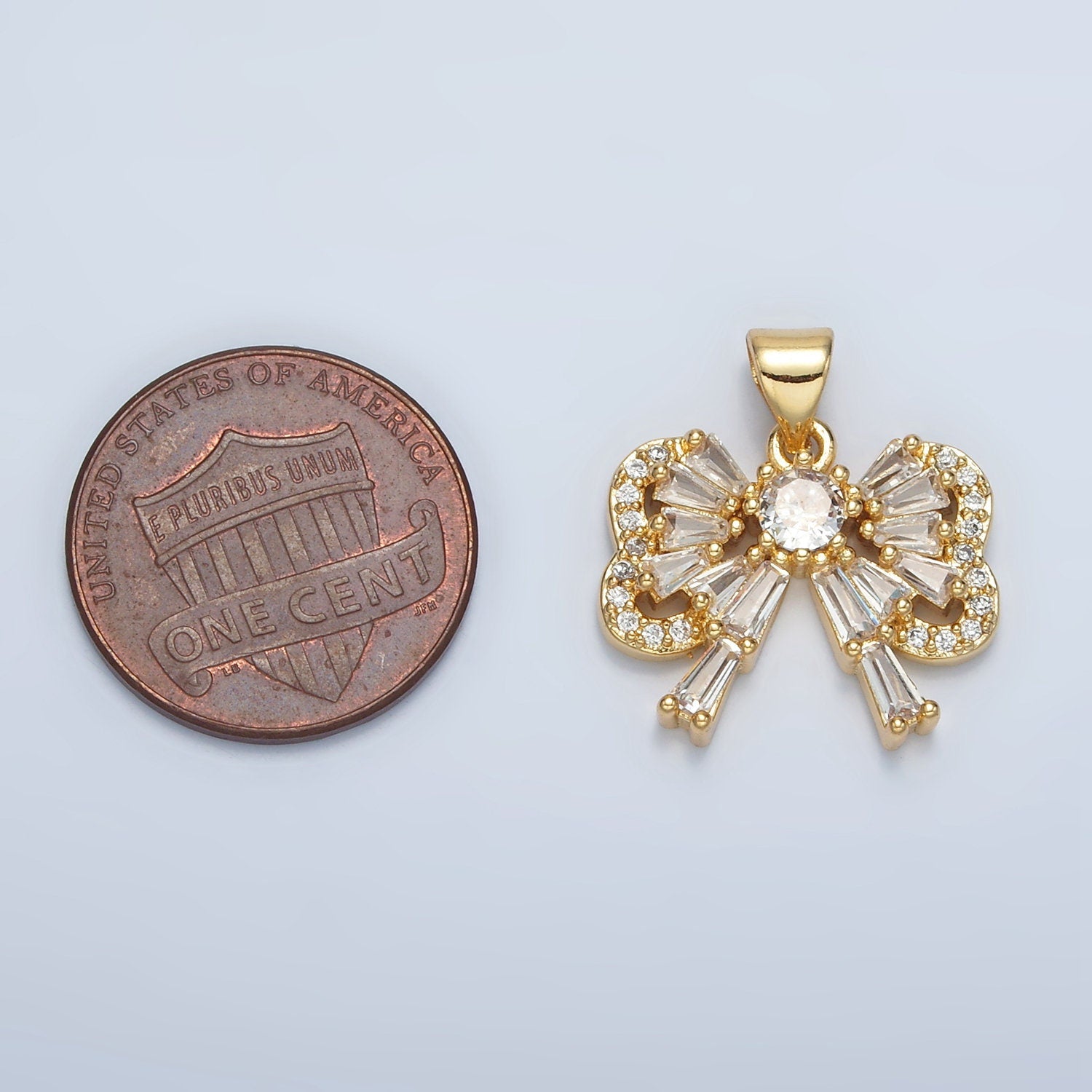 24K Gold Filled Clear CZ Baguette Bow Charm Dainty Ribbon Pendant for Bracelet Necklace Supply | I-274