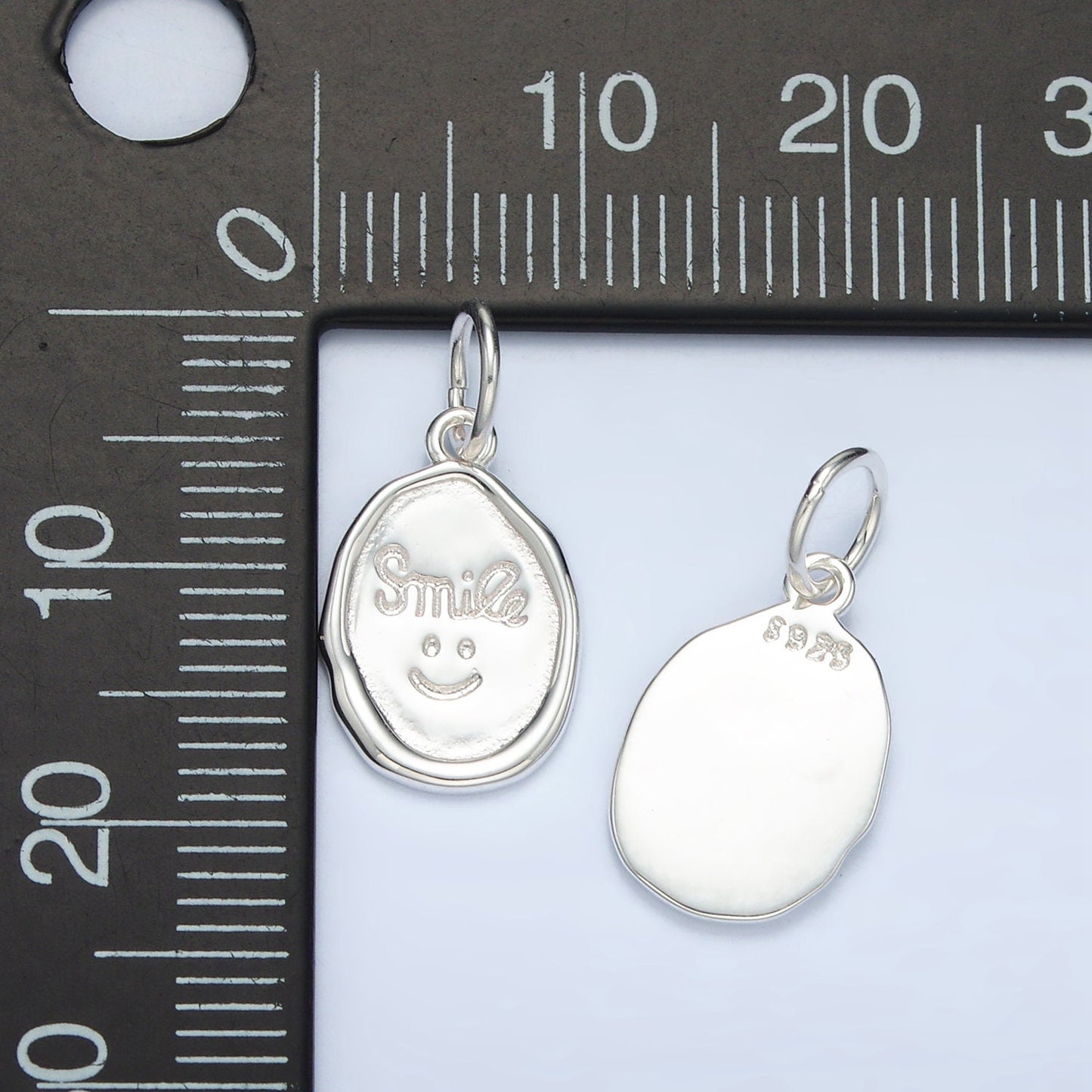 Sterling Silver S925 Round Happy Face Smile Script Oval Charm | SL-505