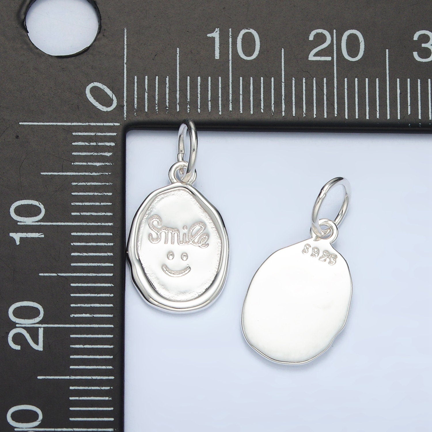 Sterling Silver S925 Round Happy Face Smile Script Oval Charm | SL-505