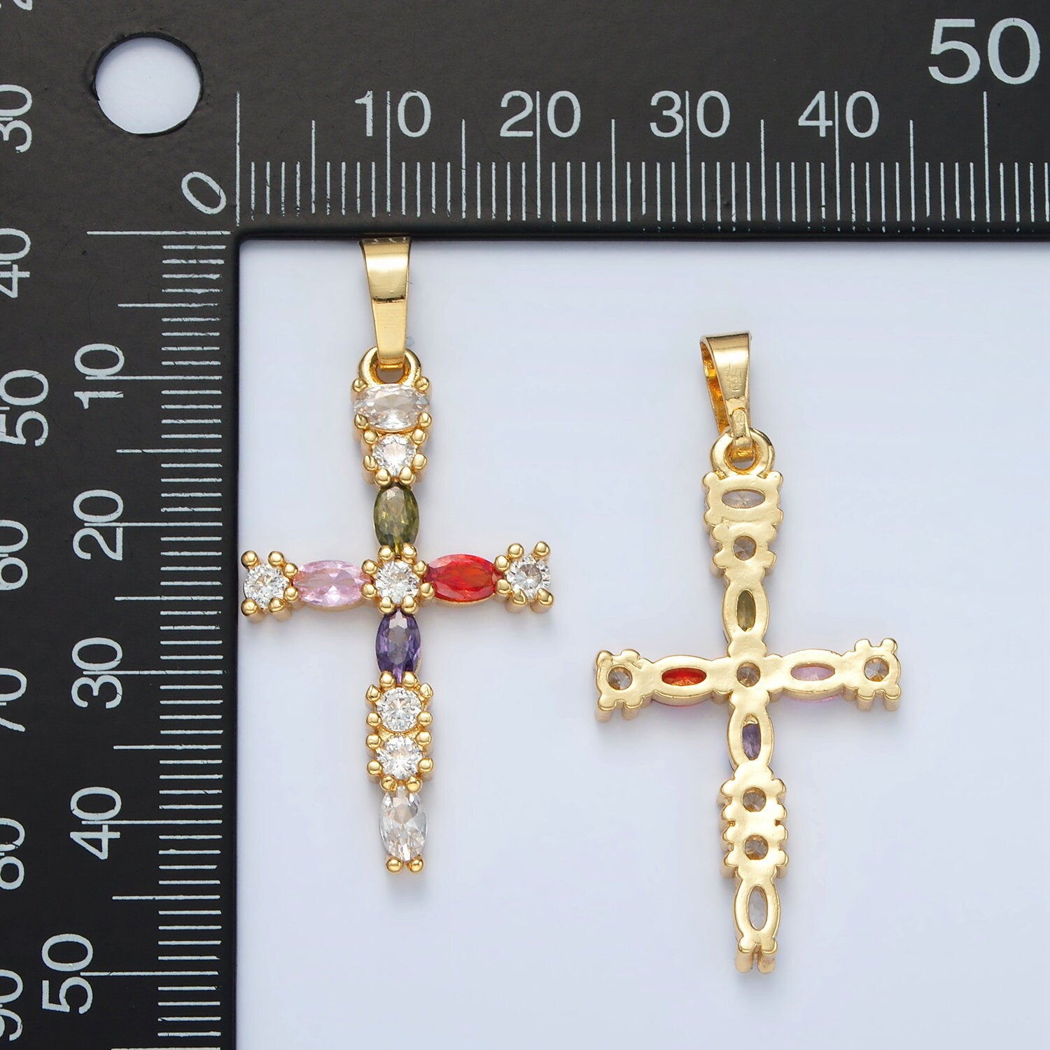 Gold Multicolor CZ 35mm Religious Cross Pendant | I-252