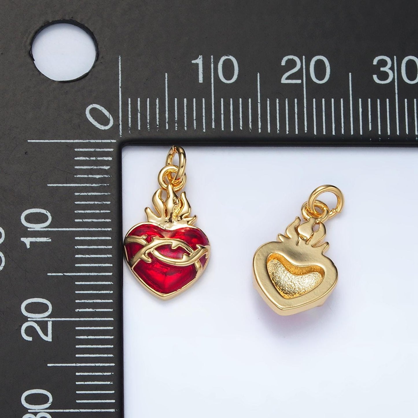 Mini Red sacred Heart Charms 24K Gold Filled flame heart Pendant Religious Charm Bracelet Necklace for DIY Jewelry Making Supply M654