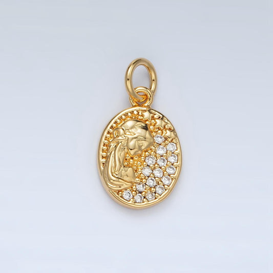Princess Lady Coin Pendant 24Gold Filled Charm Micro Pave CZ Jewelry - Queen Cameo Pendant - Goddess Lady Coin Medallion M836