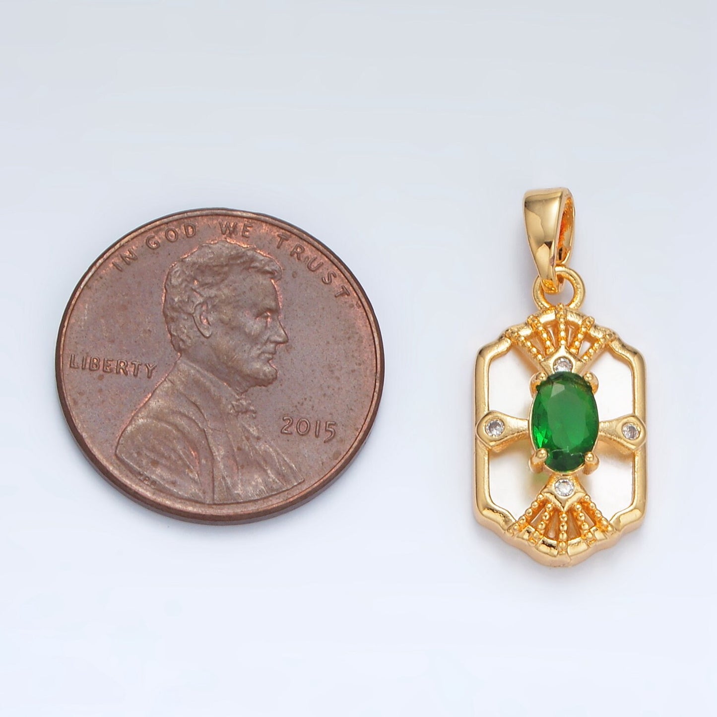 Gold Filled Geometric Bezel Shell Pearl w/ Green CZ Pendant | AA-1516