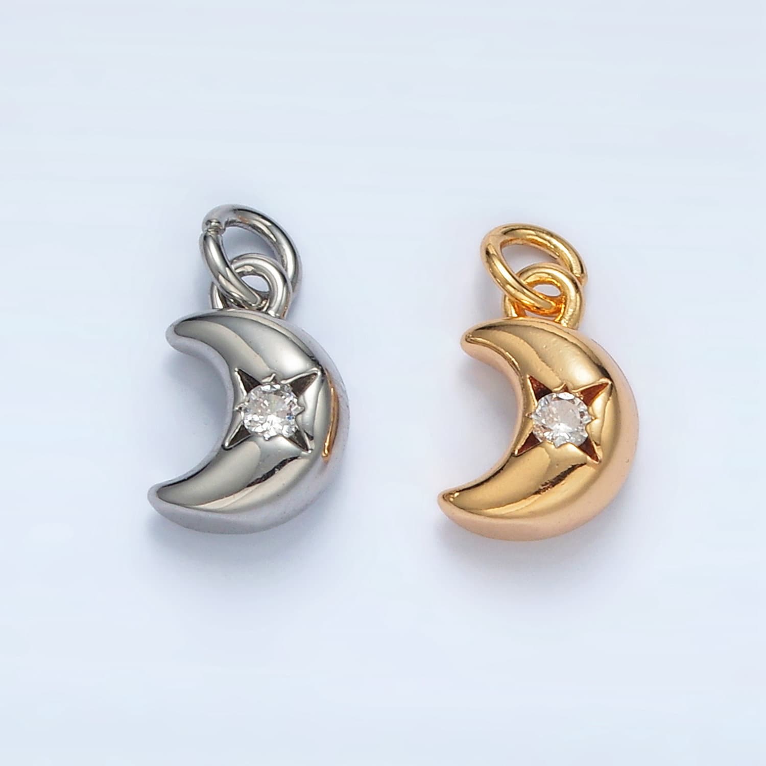 Gold Filled Mini Crescent Moon W/ CZ in Gold & Silver | AG-935
